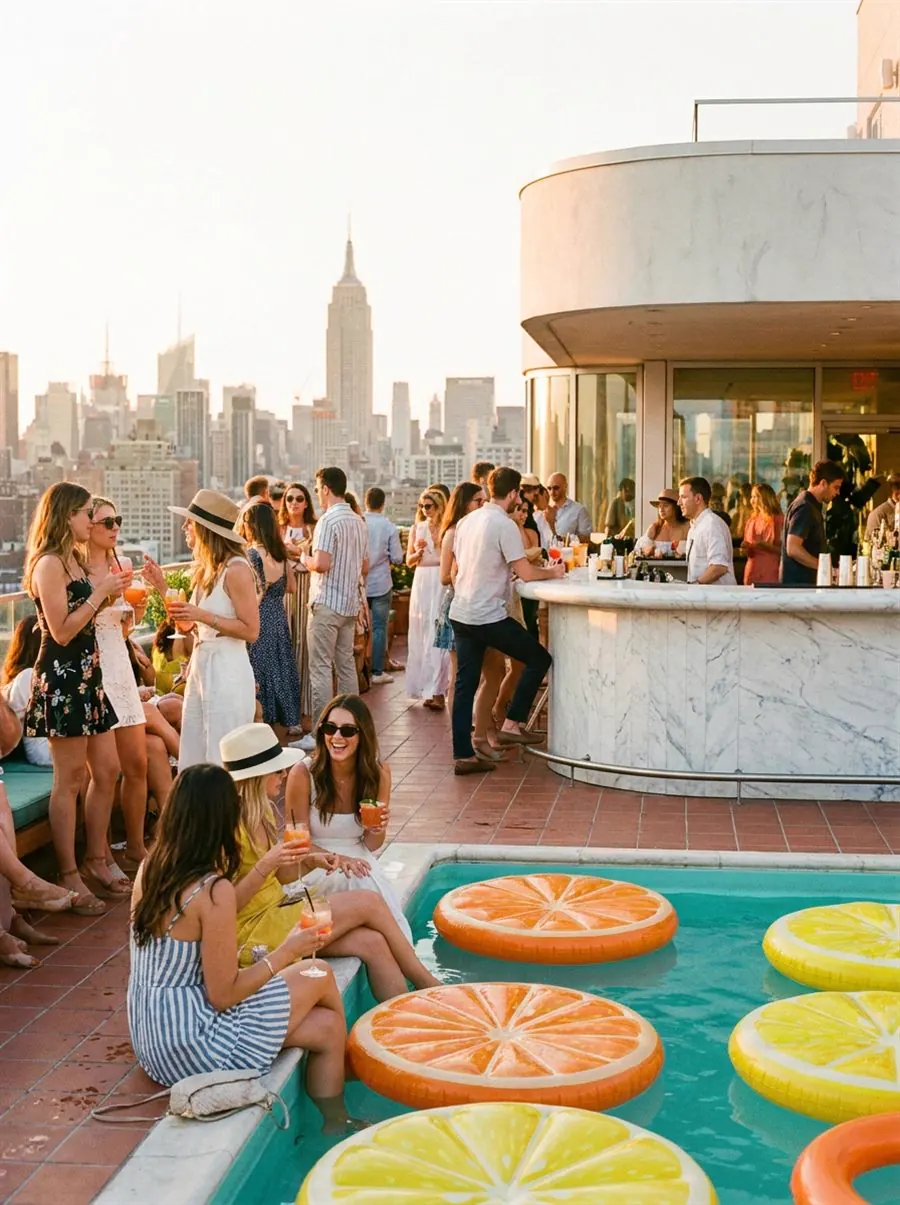 Golden hour rooftop bar pop-up environment