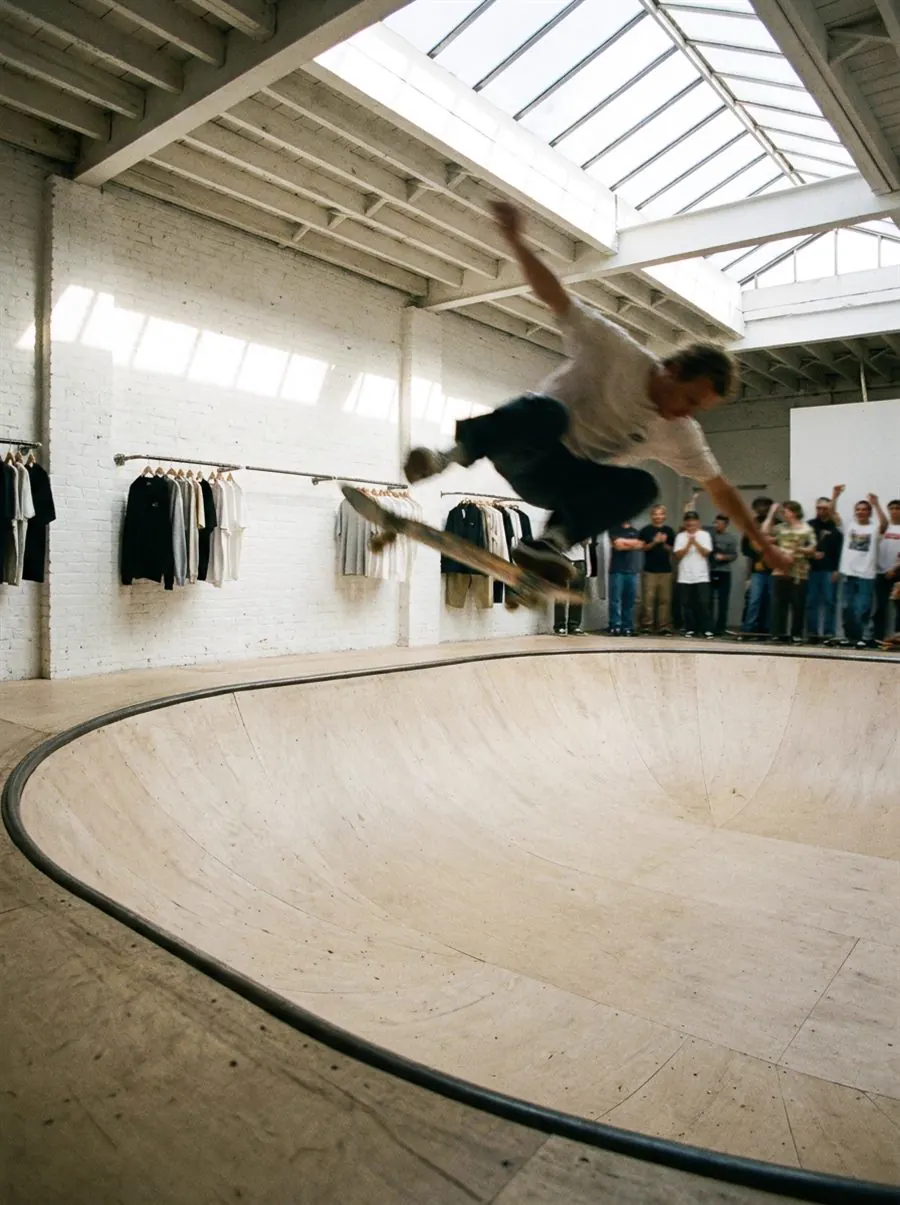 Minimal streetwear skate hall pop-up environment